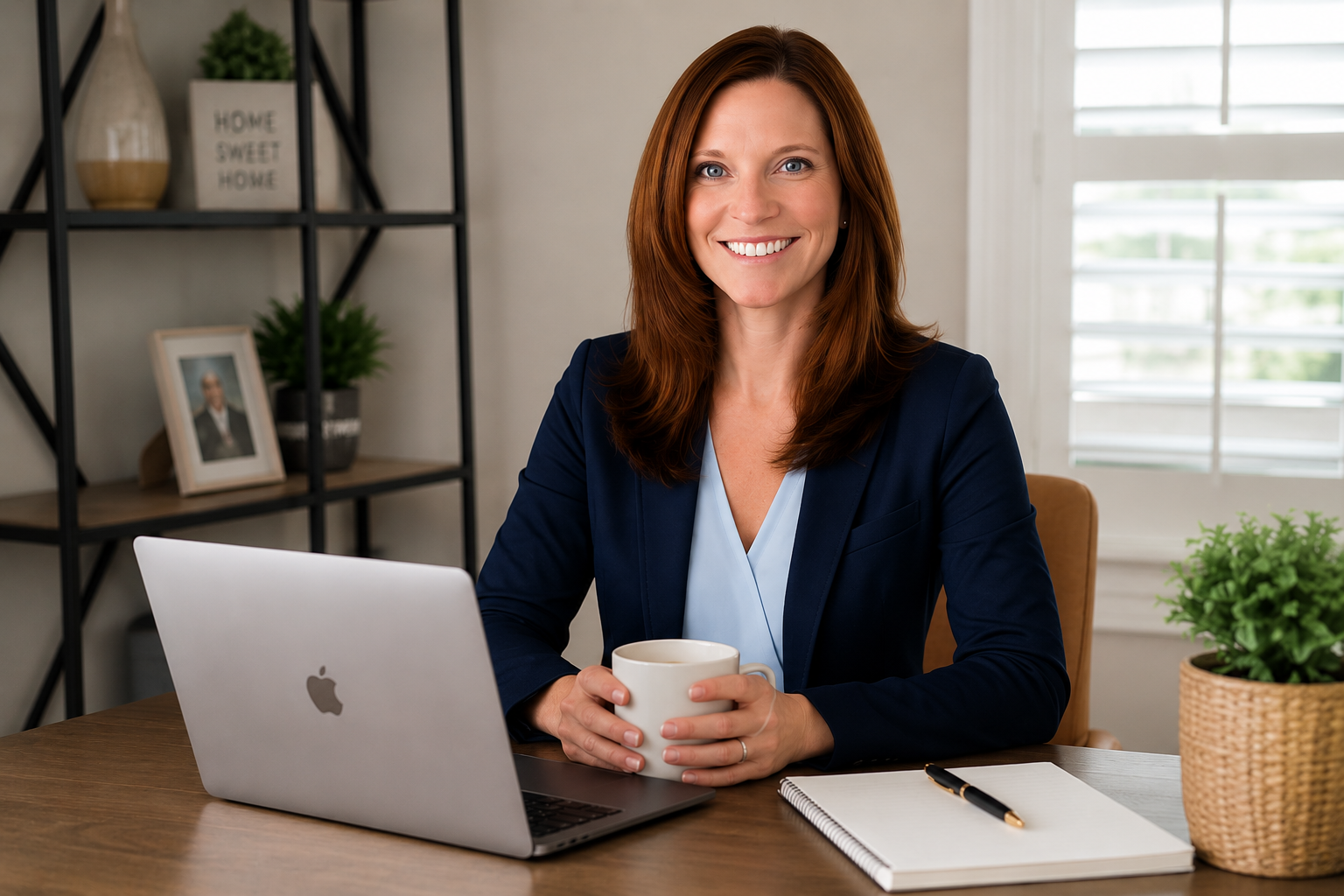 picture of tracey pines sitting with computer and holding coffee cup
