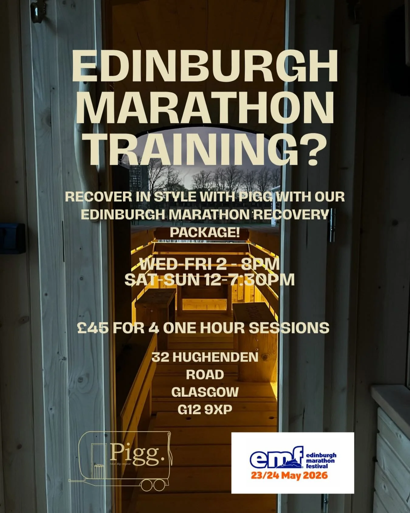 4 Sauna Sessions for the price of 3🔥

Has marathon training taken it out of you? Feeling stressed that the Edinburgh marathon is in three weeks? Come down to Pigg to recover and relax with a heat, dip, repeat! 

For a limited time only we&rsquo;re o