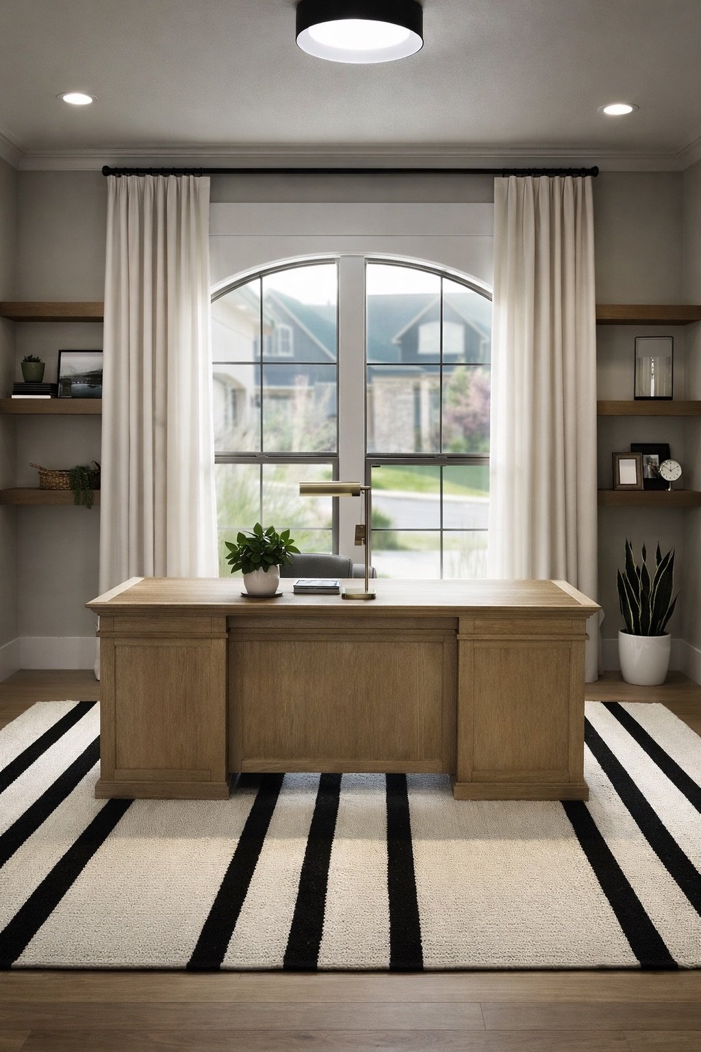 Home office with wooden desk, large window with white curtains, black and white striped rug, potted plants, and shelves with decorative items.