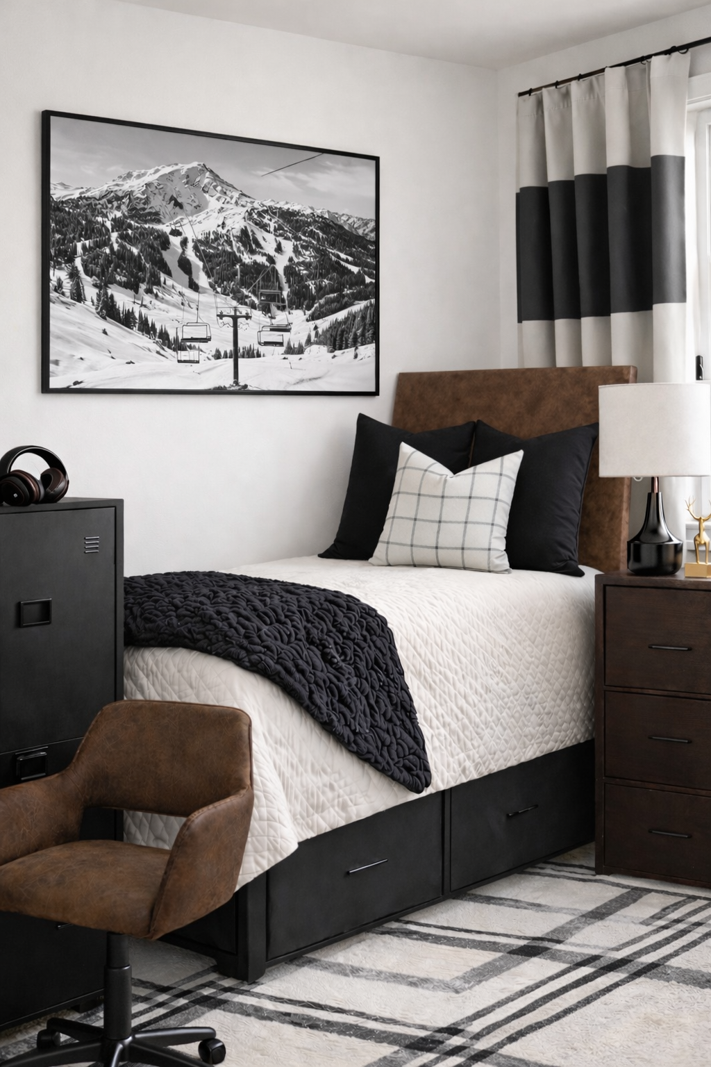 A bedroom with a bed featuring black and white pillows and a quilted white bedspread, a wooden nightstand with a table lamp, a black cabinet with headphones, a leather chair, a framed black and white mountain and ski lift photograph on the wall, and striped curtains.
