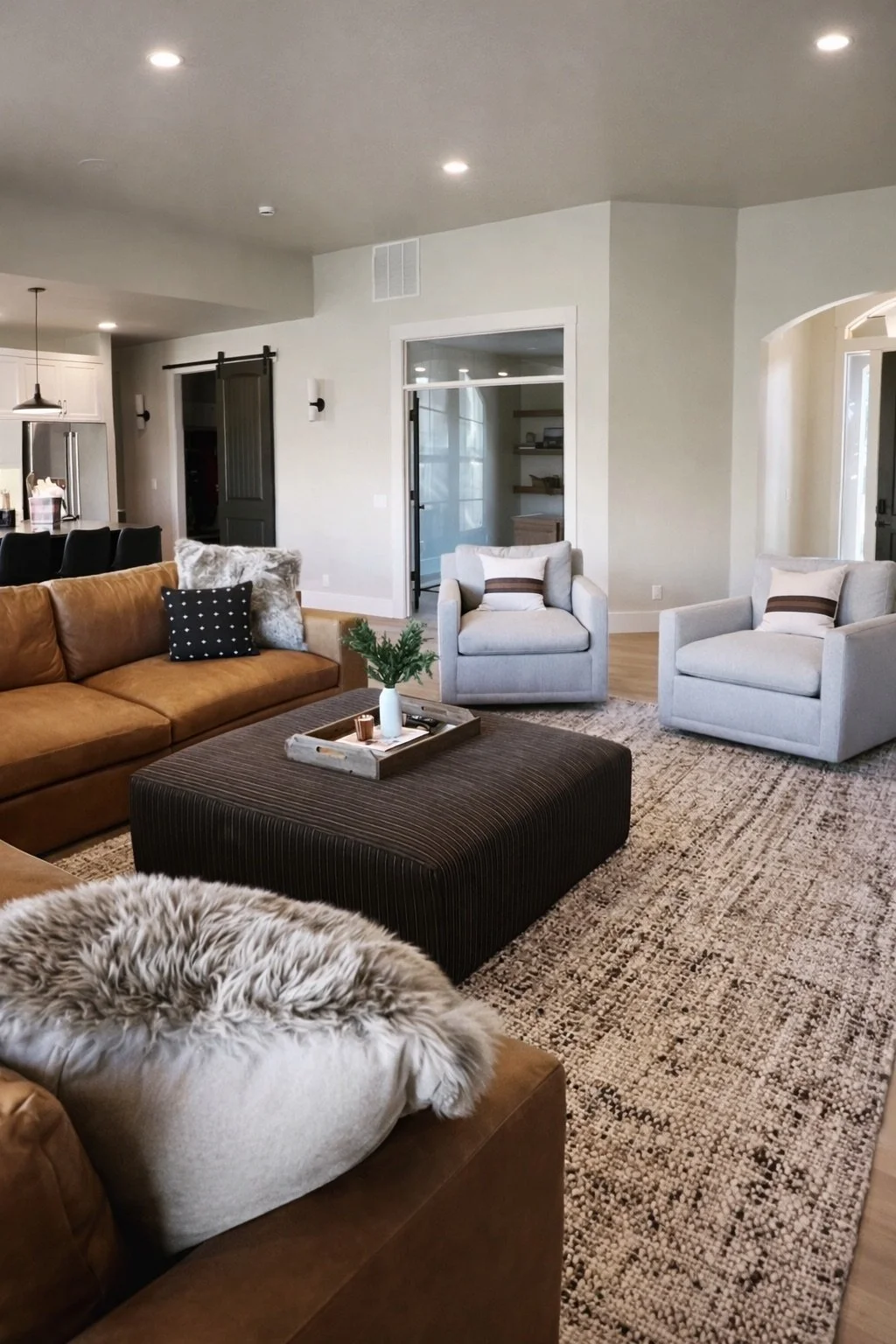 A living room with a tan sofa, two white armchairs, and a dark brown ottoman on a patterned rug. Decor includes throw pillows, a small green plant, and shelves. The background shows a kitchen and doorway.