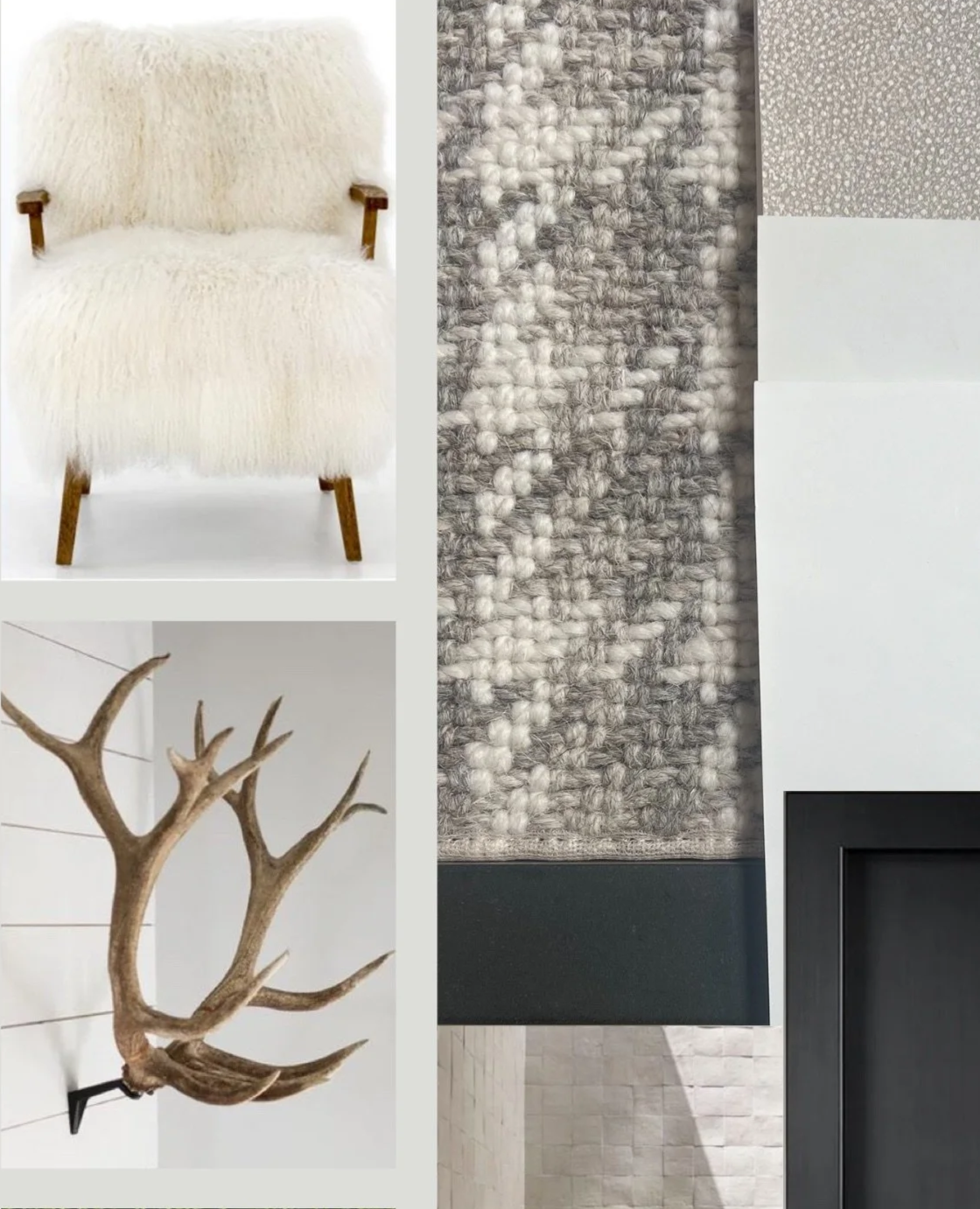 A collage of home decor items including a white furry armchair, a patterned area rug, a ceramic tile with small bumps, a plain white wall, a black picture frame, and a deer antler mounted on the wall.