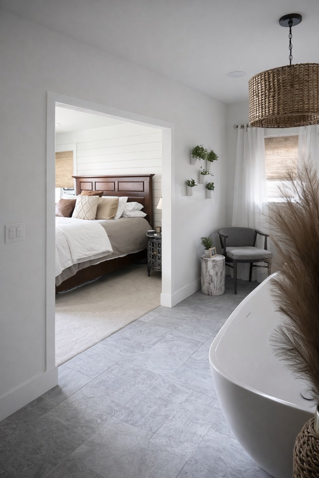 Interior view of a bedroom and adjacent sitting area with a modern, minimal decor style. The bedroom has a large bed with a wooden headboard and several pillows. The sitting area has a gray armchair, a small side table, wall-mounted planters, and sheer curtains on the window, with natural light coming in.