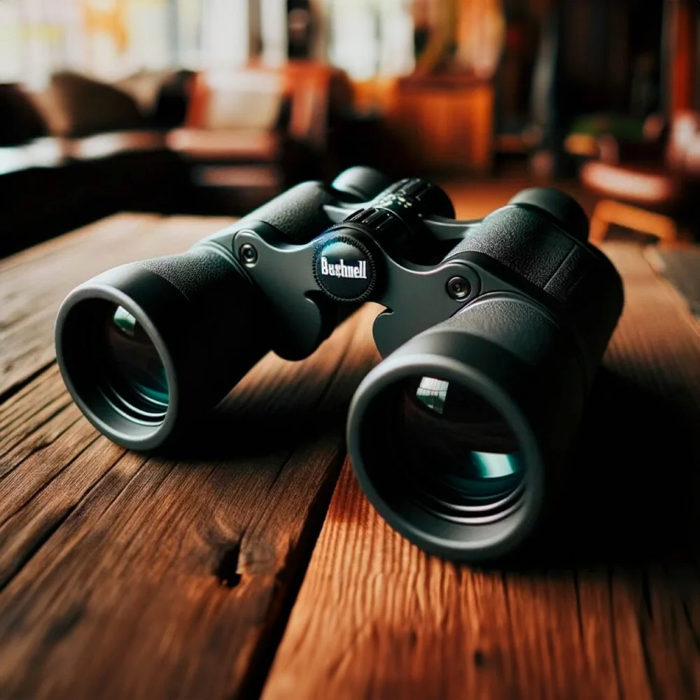 Une paire de jumelles noires posée sur une table en bois, dans un intérieur chaleureux avec meubles en bois en arrière-plan.