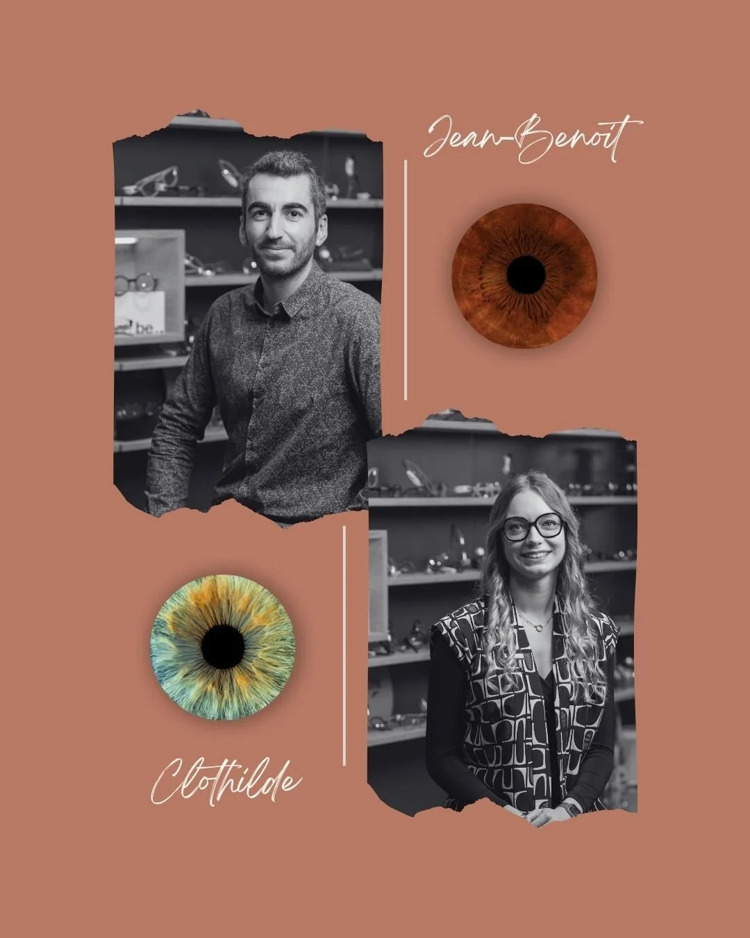 Portraits en noir et blanc de deux personnes, un homme et une femme, avec images d'yeux en couleur à côté. Le fond est de couleur marron, et il y a des signatures avec leurs noms : Jean-Benoît et Clothilde.