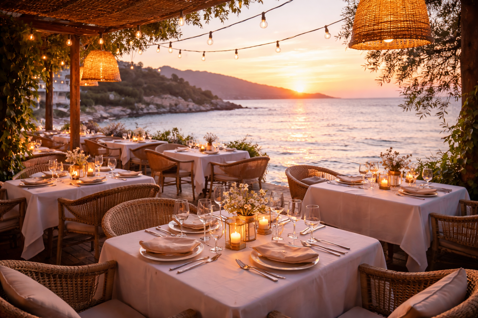Terrasse de restaurant en bord de mer au coucher du soleil, avec des tables élégantes décorées de bougies, fleurs et vaisselle, entourée de lanternes en osier et de lumières suspendues.