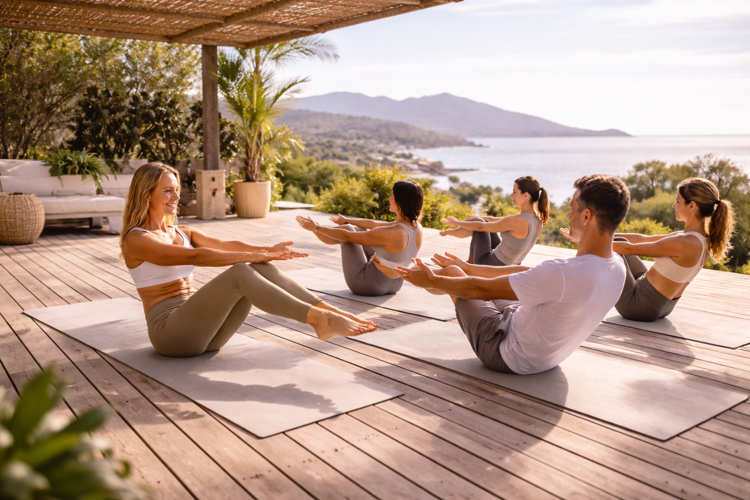 Groupe de personnes pratiquant le yoga sur une terrasse avec vue sur la mer, en méditation et étirement.