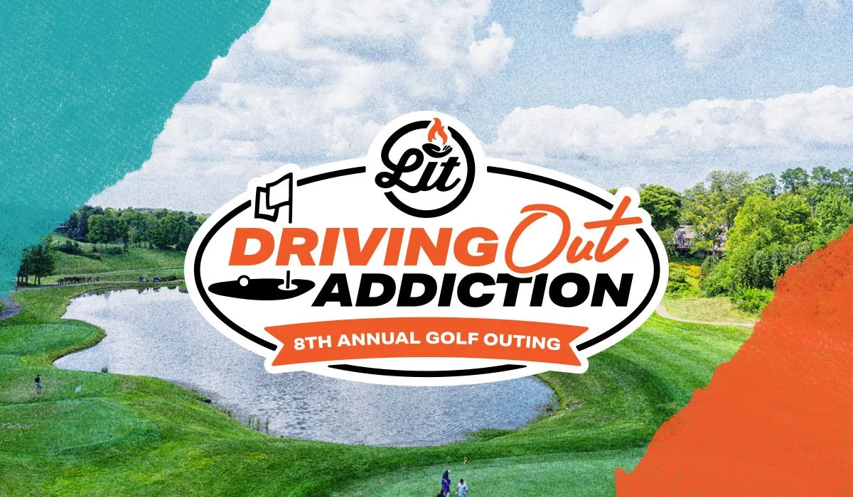 Logo for the event 'Driving Out Addiction,' part of the 8th Annual Golf Outing, featuring a golf course, a lake, and a partly cloudy sky.