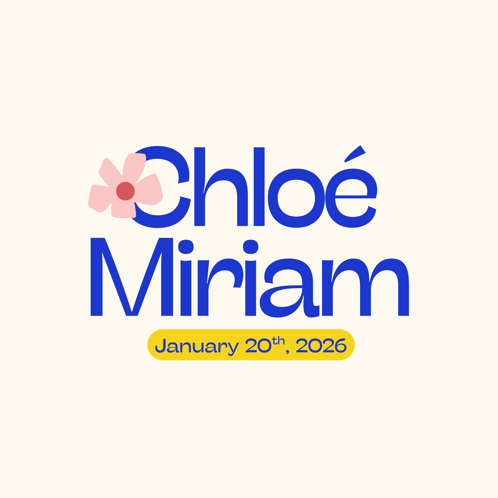 Event poster with the text 'Chloé M. M.' and a pink flower graphic, date January 20th, 2026, on a light background.