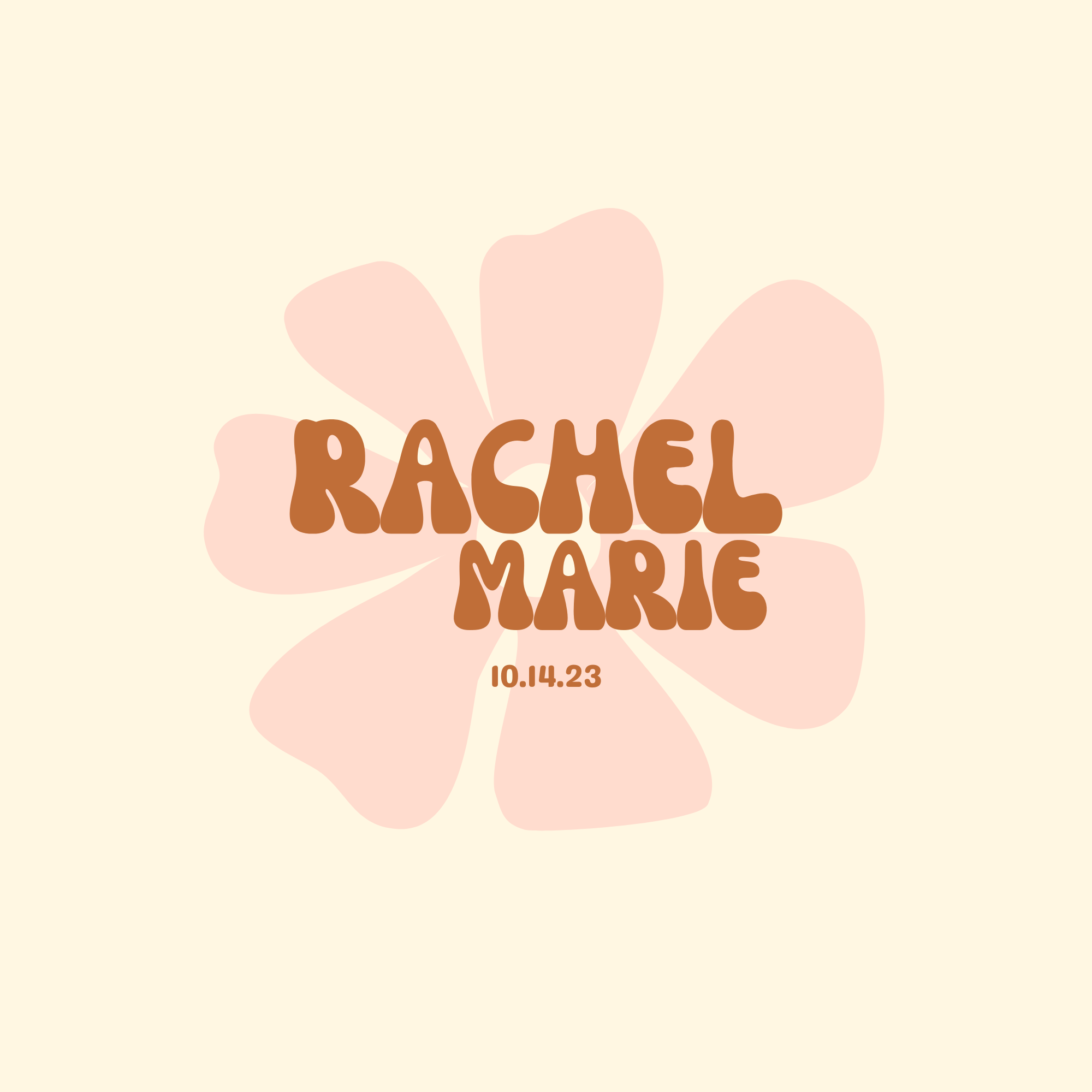 Text on a soft beige background reads "Peace, Rachel, Make" with a date of 10.14.23. Behind the text, there is a large, stylized, light pink flower with rounded petals.