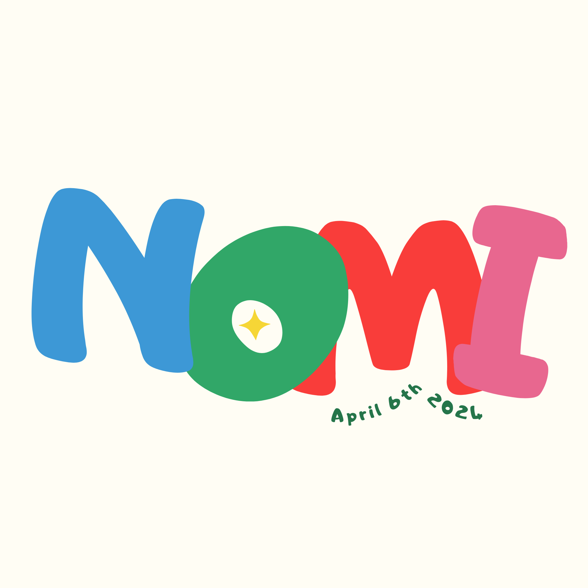 Colorful stylized letters spelling 'MOVE' with a small yellow star inside the 'O', and the date 'April 8th 2024' written below in green on a white background.