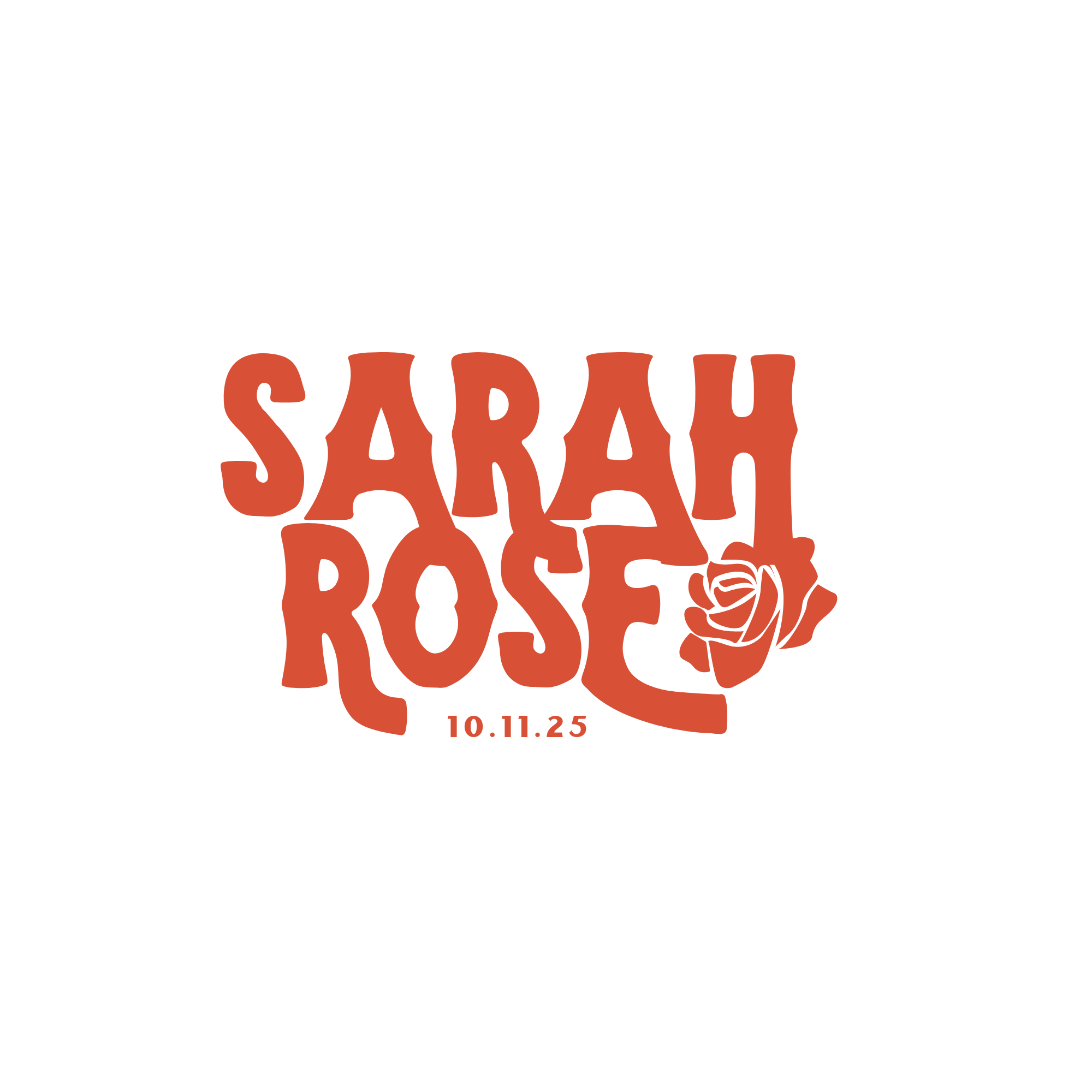 Text on a white background with the words "SARAH B" in large orange letters and a small rose illustration in the bottom right corner, along with the date "10.11.25" below.
