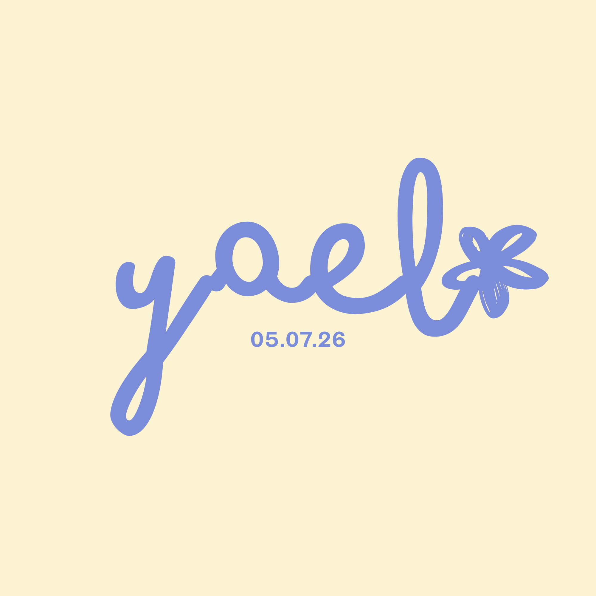 Close-up of a yellow background with purple cursive text reading "greetings" and a date "05.07.26".