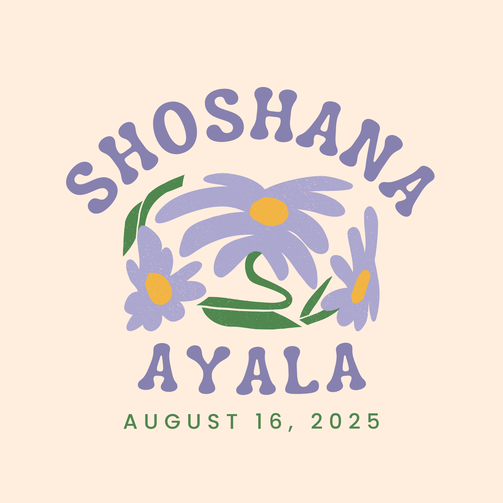 Event poster with pastel background for Shoshana Art Gala on August 16, 2025, featuring a stylized flower illustration and decorative purple text.