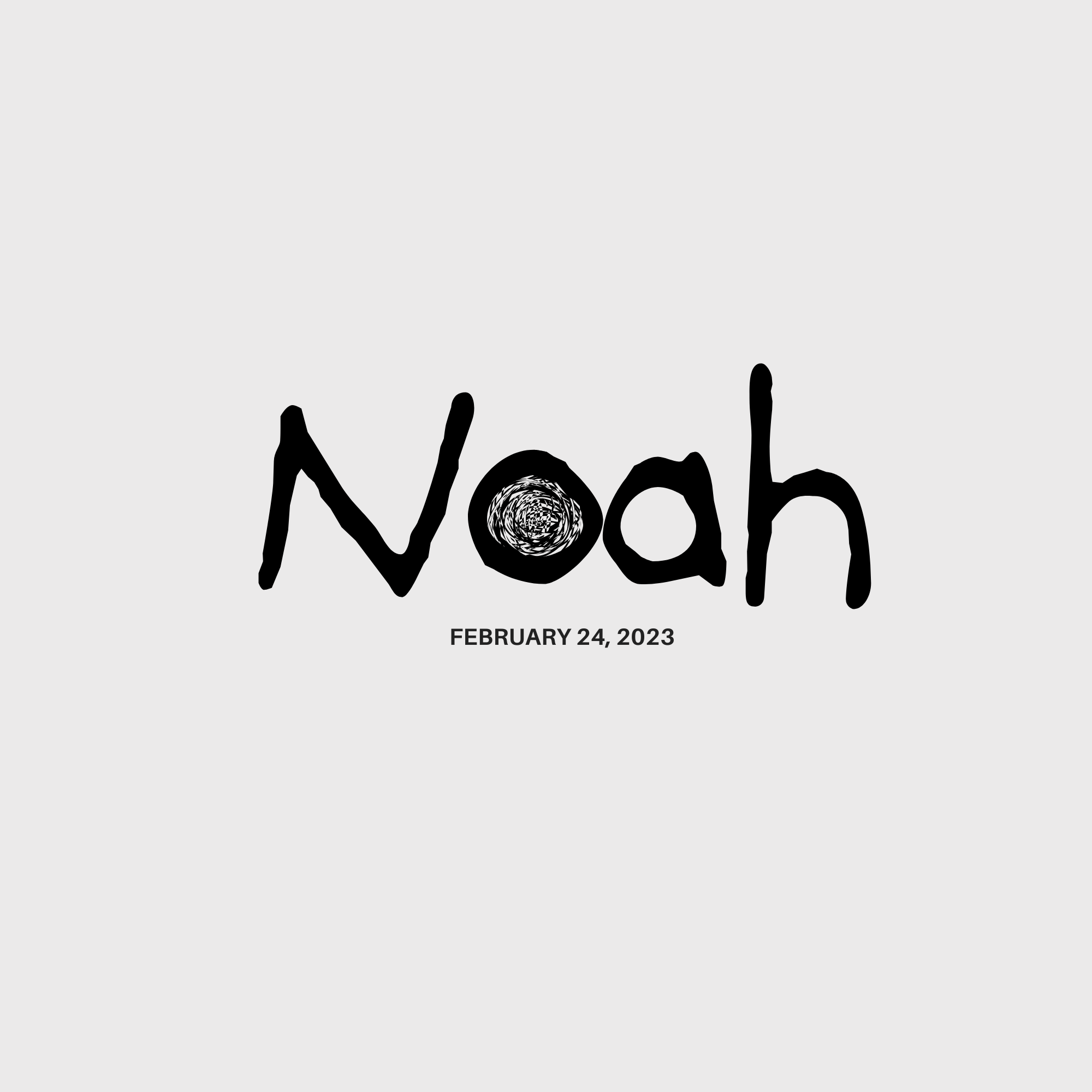 The word 'Wooah' written in black handwritten-style font with a spiral pattern in the middle of the 'o's. Below, the date 'February 24, 2023' is printed in black uppercase letters on a gray background.