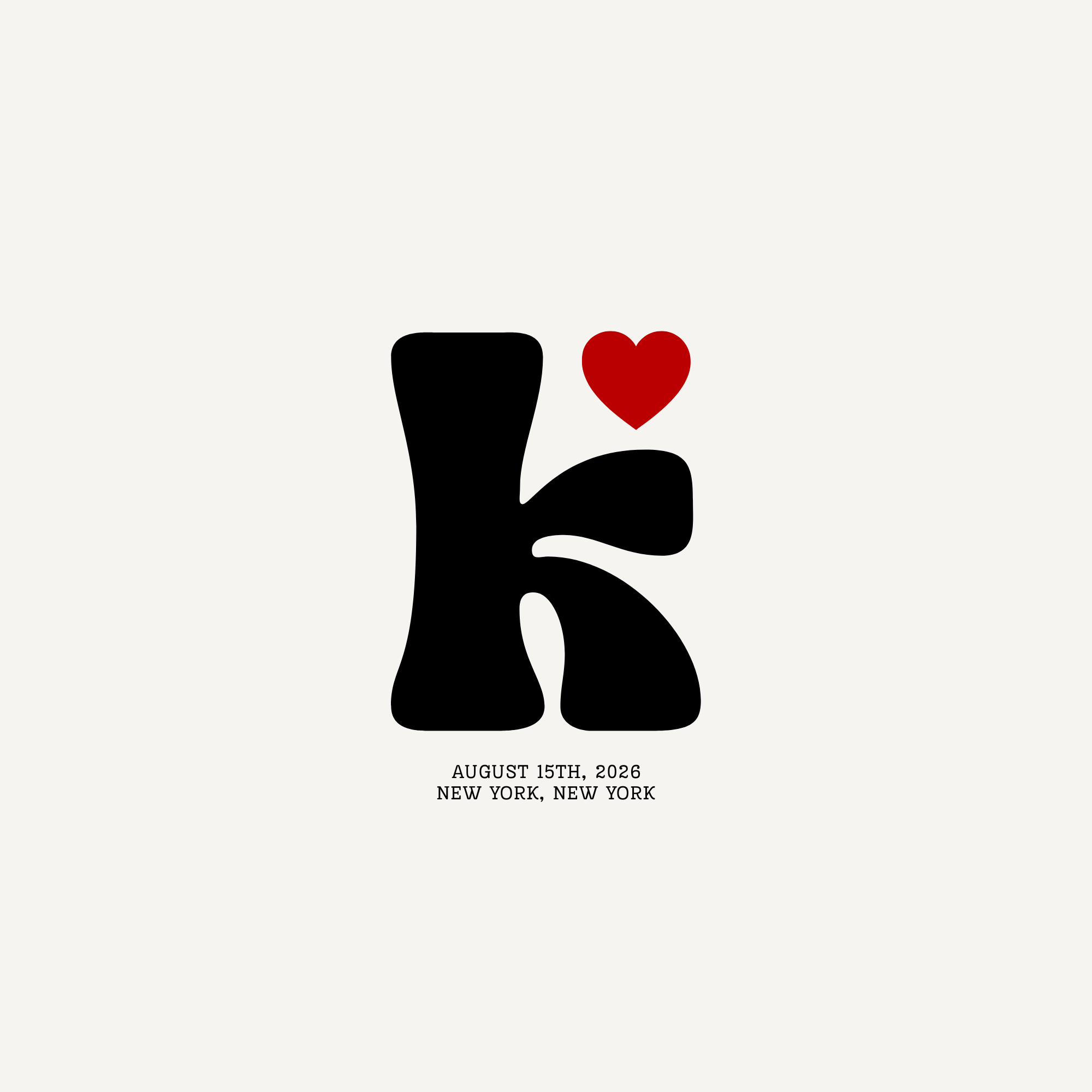 Minimalist poster with black silhouette of a hand holding a red heart, event details reading 'August 15th, 2026, New York, New York' at the bottom.