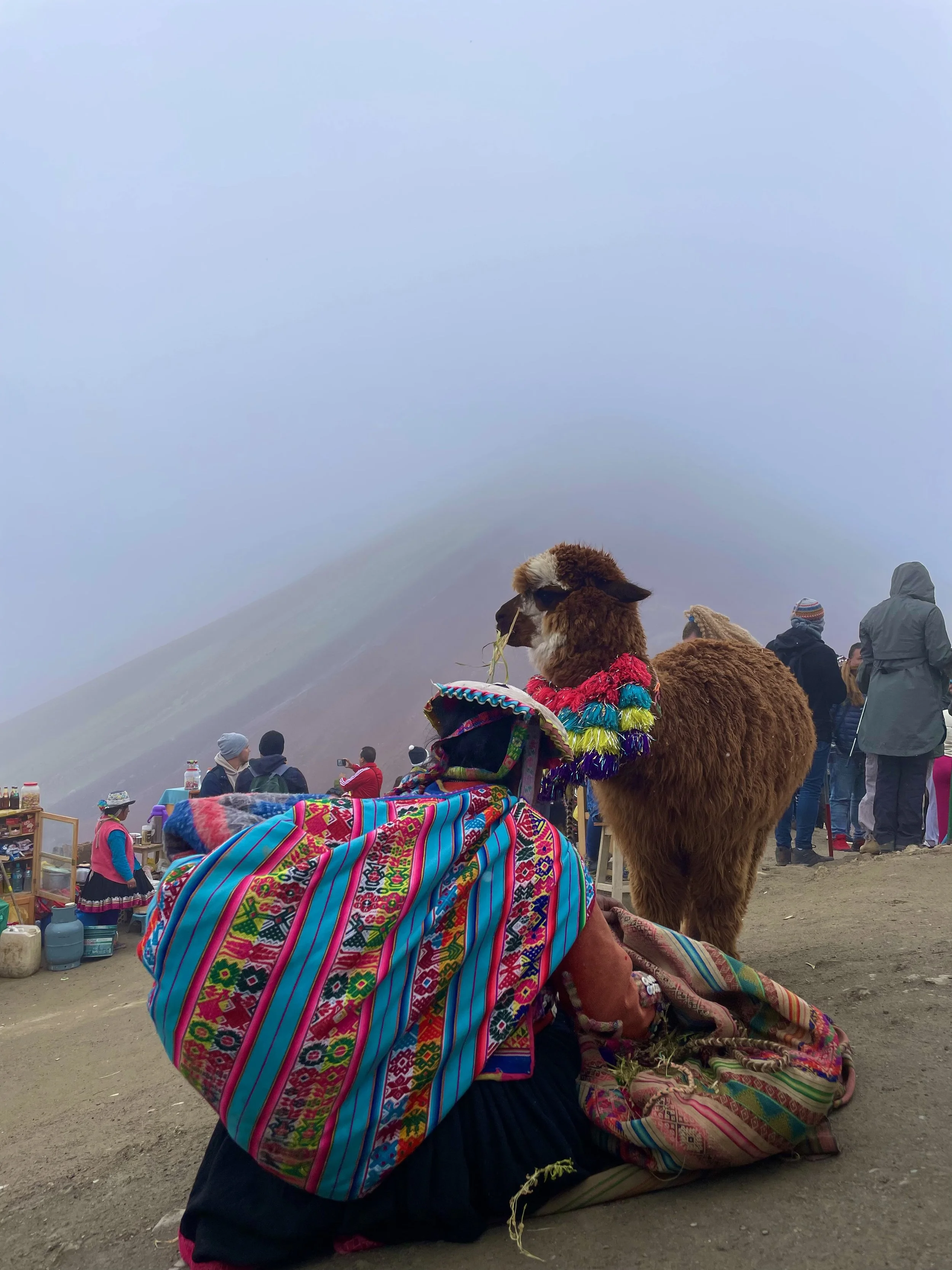 Une femme vêtue de textiles traditionnels colorés, assise sur le sol, avec un lama décoré à proximité, dans un paysage de haute altitude avec des nuages et des touristes autour.