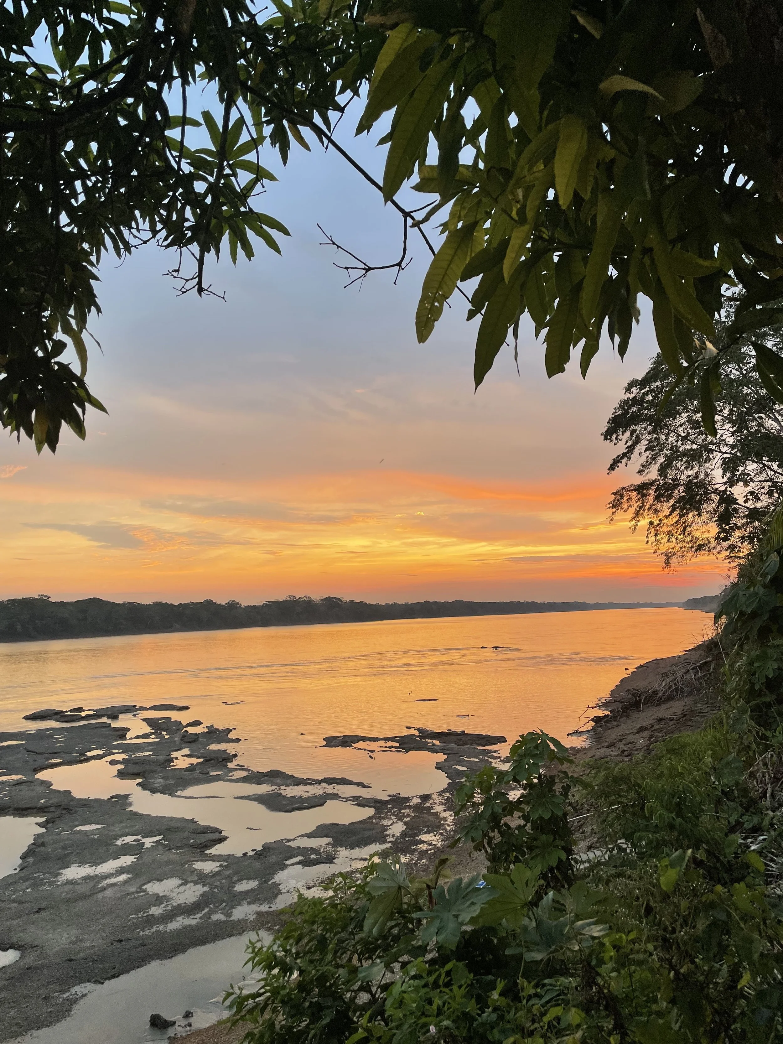 Coucher de soleil sur une rivière entourée de végétation luxuriante, avec des eaux calmes et des rochers au bord.