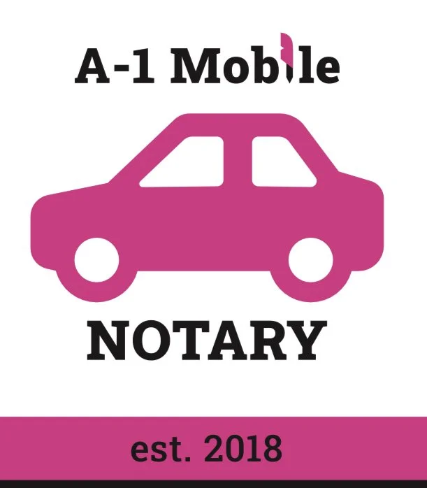 Logo for A-1 Mobile Notary featuring a pink car graphic, with black text above and below, and a pink banner at the bottom with 'est. 2018'.