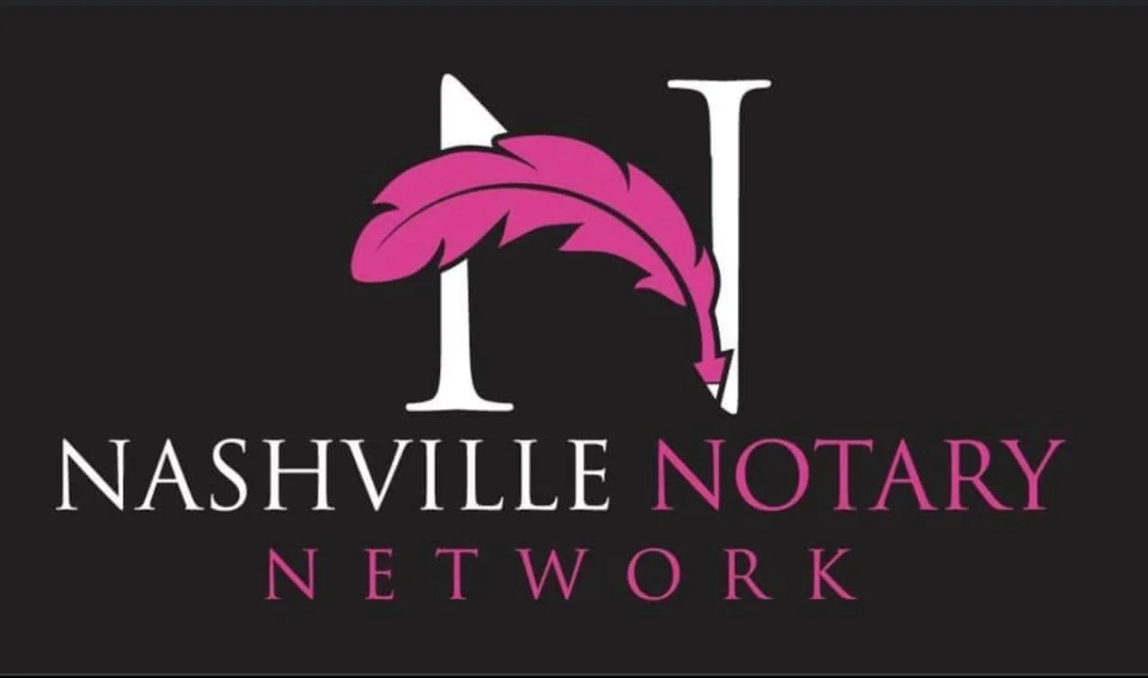 Logo for Nashville Notary Network with a large letter N, a pink feather quill, and the words Nashville Notary Network in pink and white text on a black background.
