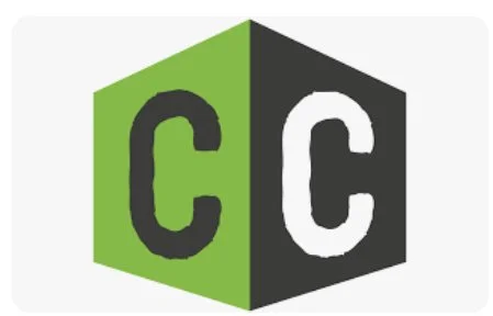 A logo with two side-by-side black and white C's inside a 3D hexagon, with one side green and the other black.