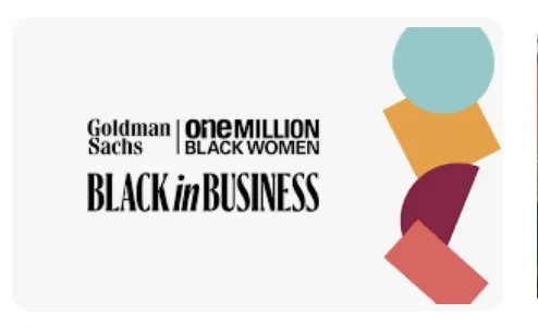 Event logo with text 'Goldman Sachs one MILLION BLACK WOMEN BLACK in BUSINESS' and colorful geometric shapes on the right side.