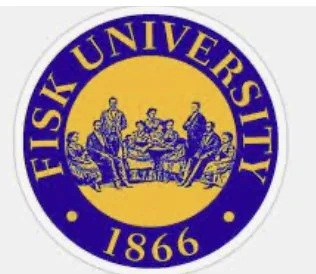 Seal of Fisk University featuring a seated group of people around a table, with a yellow background and blue border, and the text 'FISK UNIVERSITY 1866'.