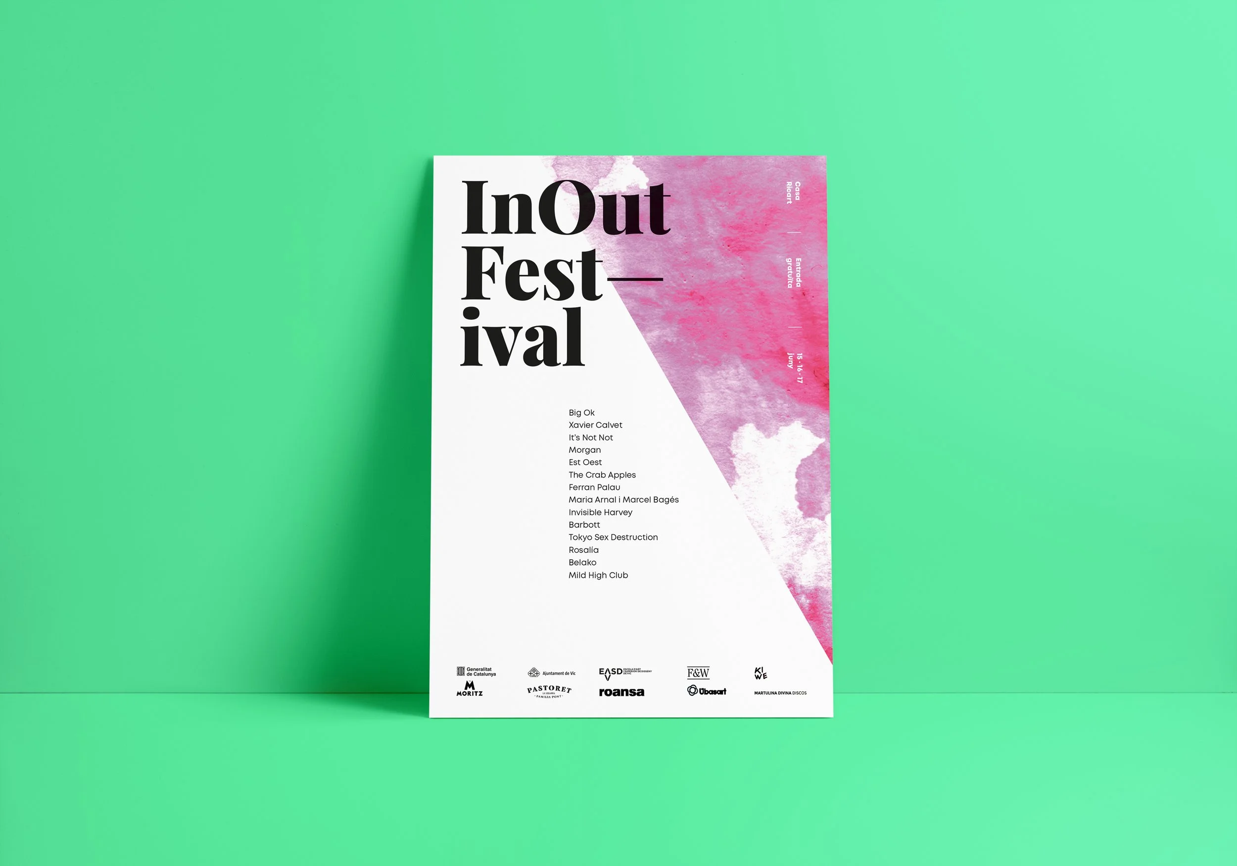 Graphic design. End-of-degree project. Event flyer for InOut Festival with black and pink text on white background, pink watercolor artwork, and sponsor logos at the bottom, set against a mint green background.