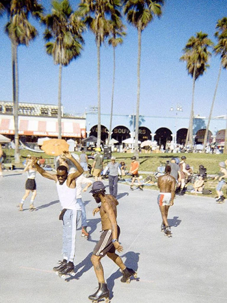 Analog People roller skating at a skate park with tall palm trees and a building in the background.