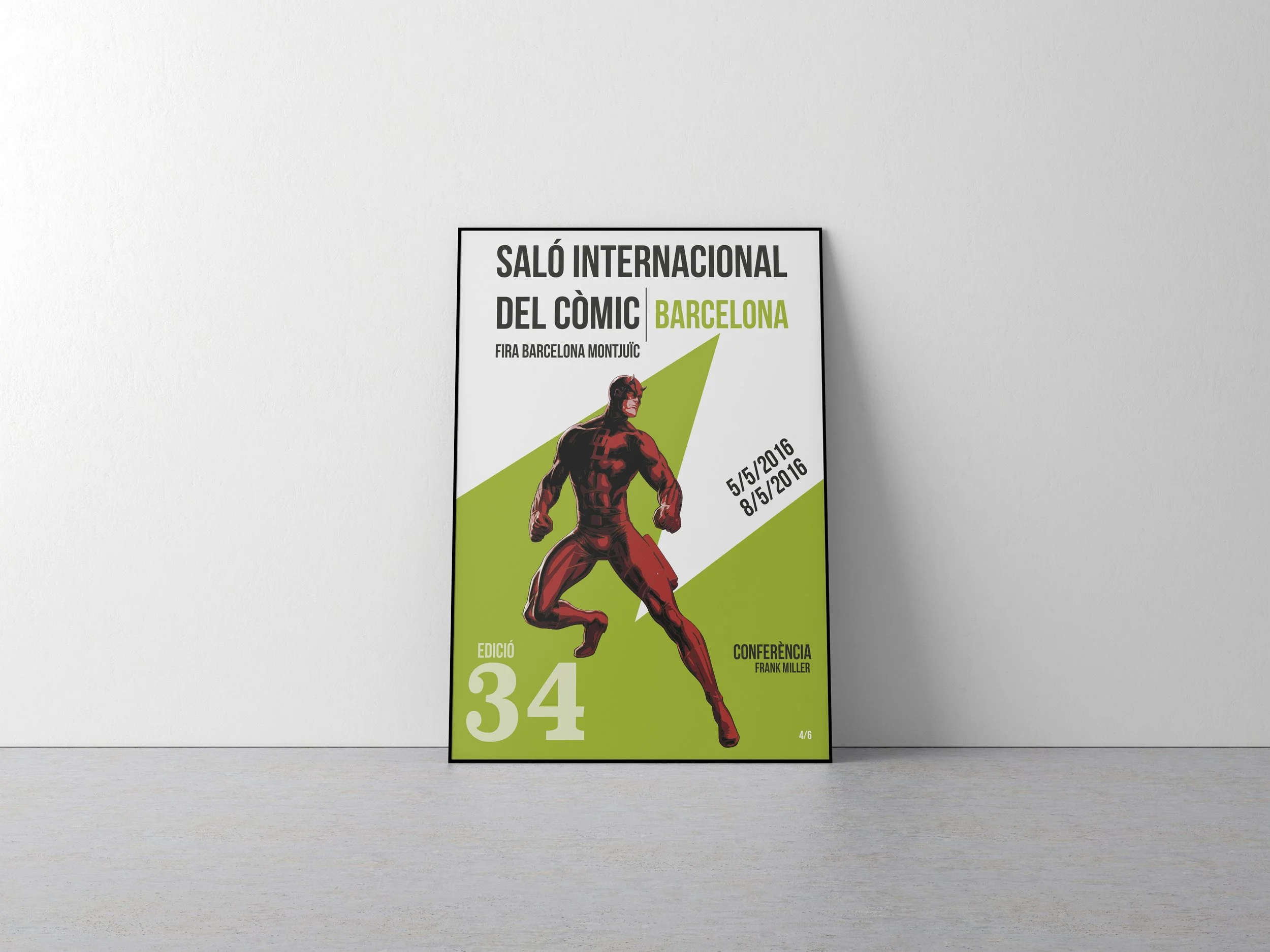 Graphic design. Comic festival design.  Poster for a comic convention in Barcelona, featuring a superhero illustration, with details about dates, edition, and conference.