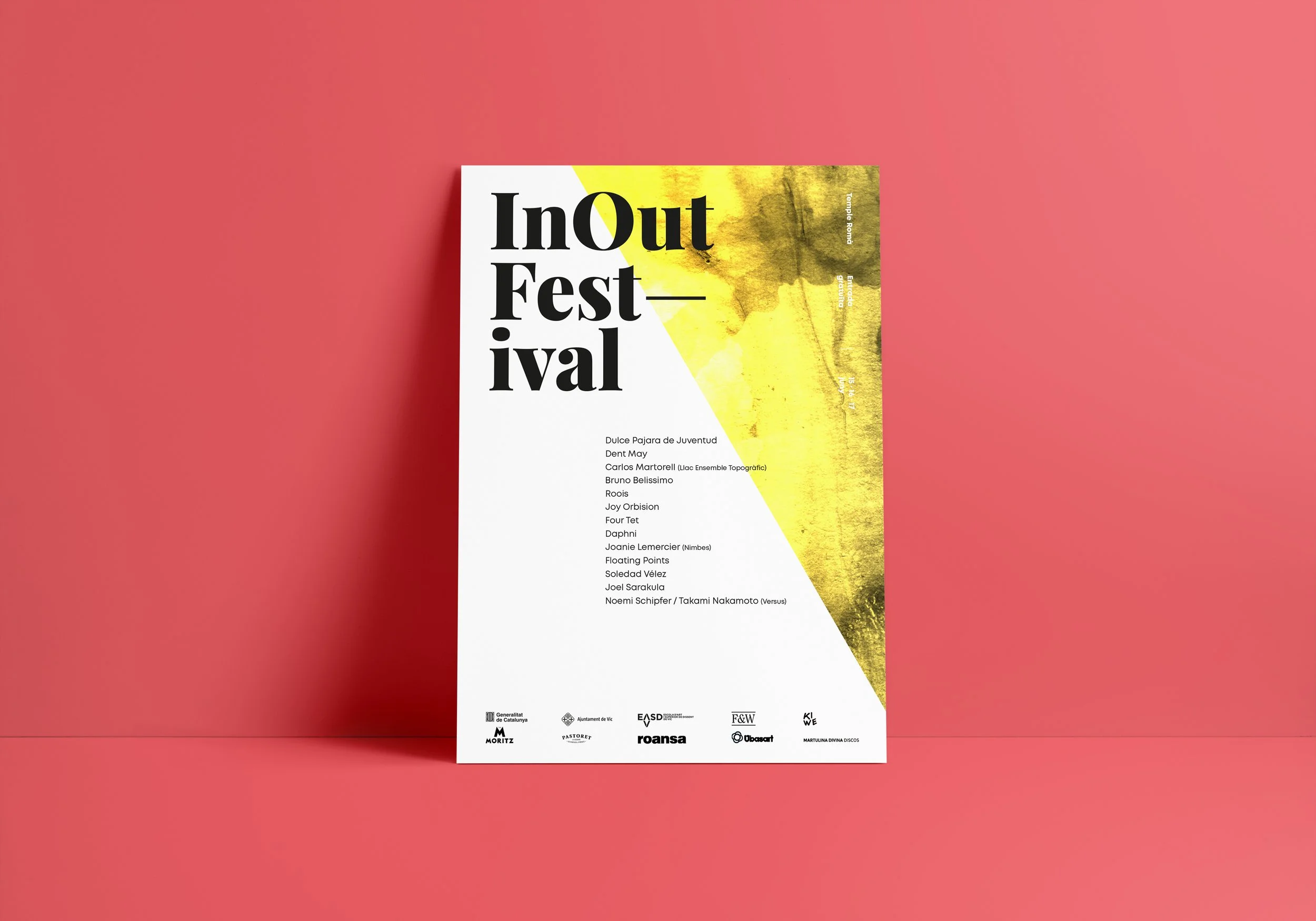 Graphic design. End-of-degree project. Event poster titled 'InOut Festival' with yellow and black watercolor design, listing performers and sponsors on a white background with a pink wall.