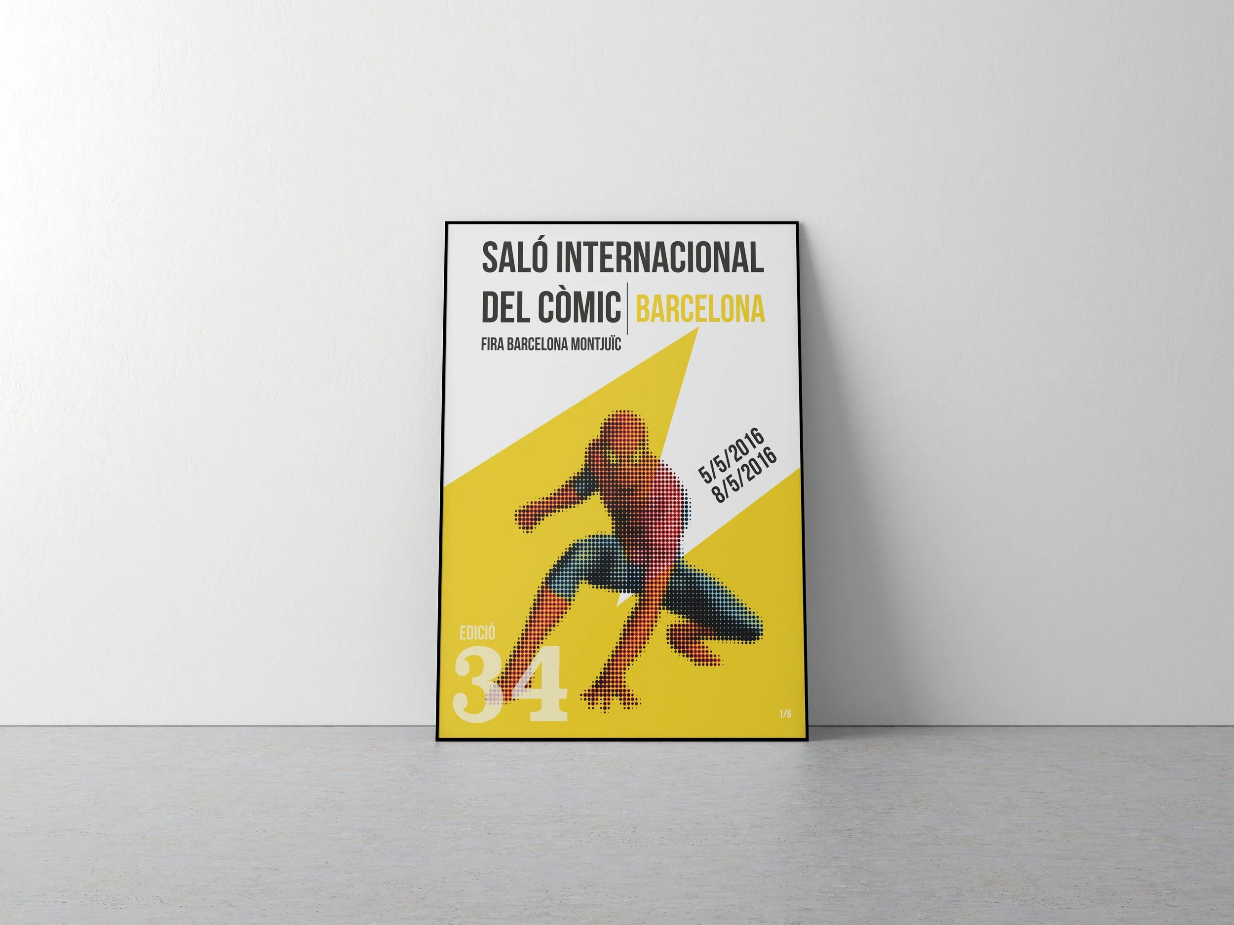 Graphic design. Comic festival design. Poster advertising the International Comic Fair in Barcelona, held at Barcelona Montjuic from May 5 to May 8, 2016. The poster features Spiderman set against a yellow background with black and white text.