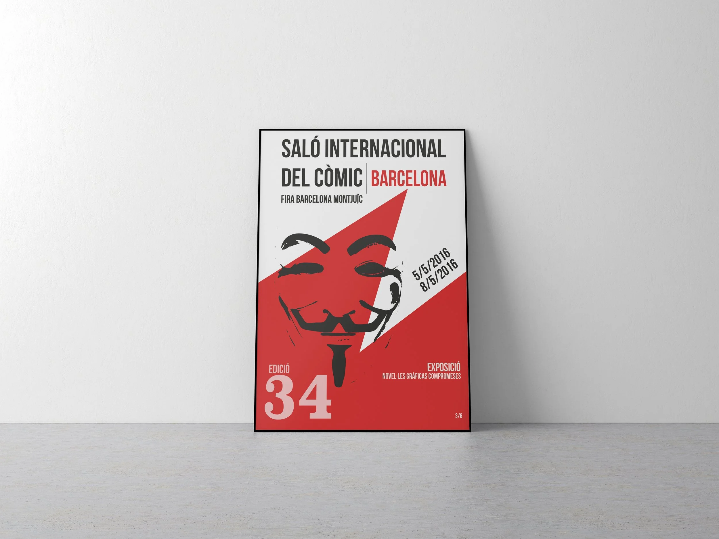 Graphic design. Comic festival design.  Poster for the 34th International Comic Fair in Barcelona, featuring a Guy Fawkes mask, with dates May 5-8, 2016, and the event location Fira Barcelona Montjuïc.