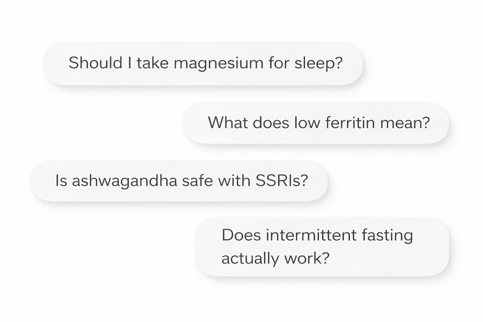 A digital text conversation on a light background with questions about health and nutrition, including magnesium, low ferritin, ashwagandha, and intermittent fasting.