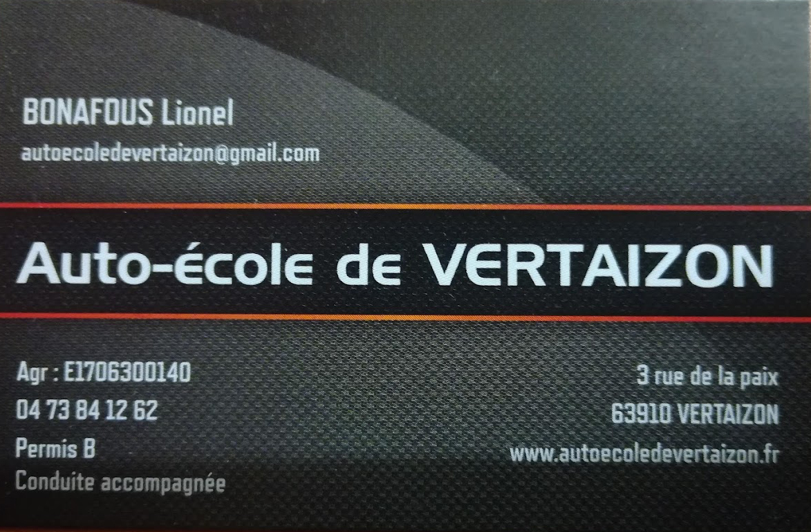 Carte de visite pour une auto-école à Vertaizon, avec le nom Lionel Bonafous, email, adresse, téléphone, permis B, conduite accompagnée, et site web.