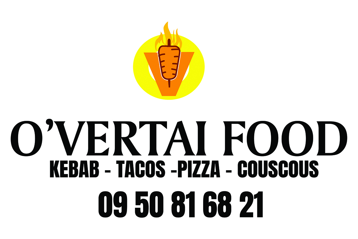 Logo de restaurant O'Vertal Food avec un symbole de meat skewer enflammé, et texte indiquant les plats proposés : kebab, tacos, pizza, couscous, avec un numéro de téléphone.