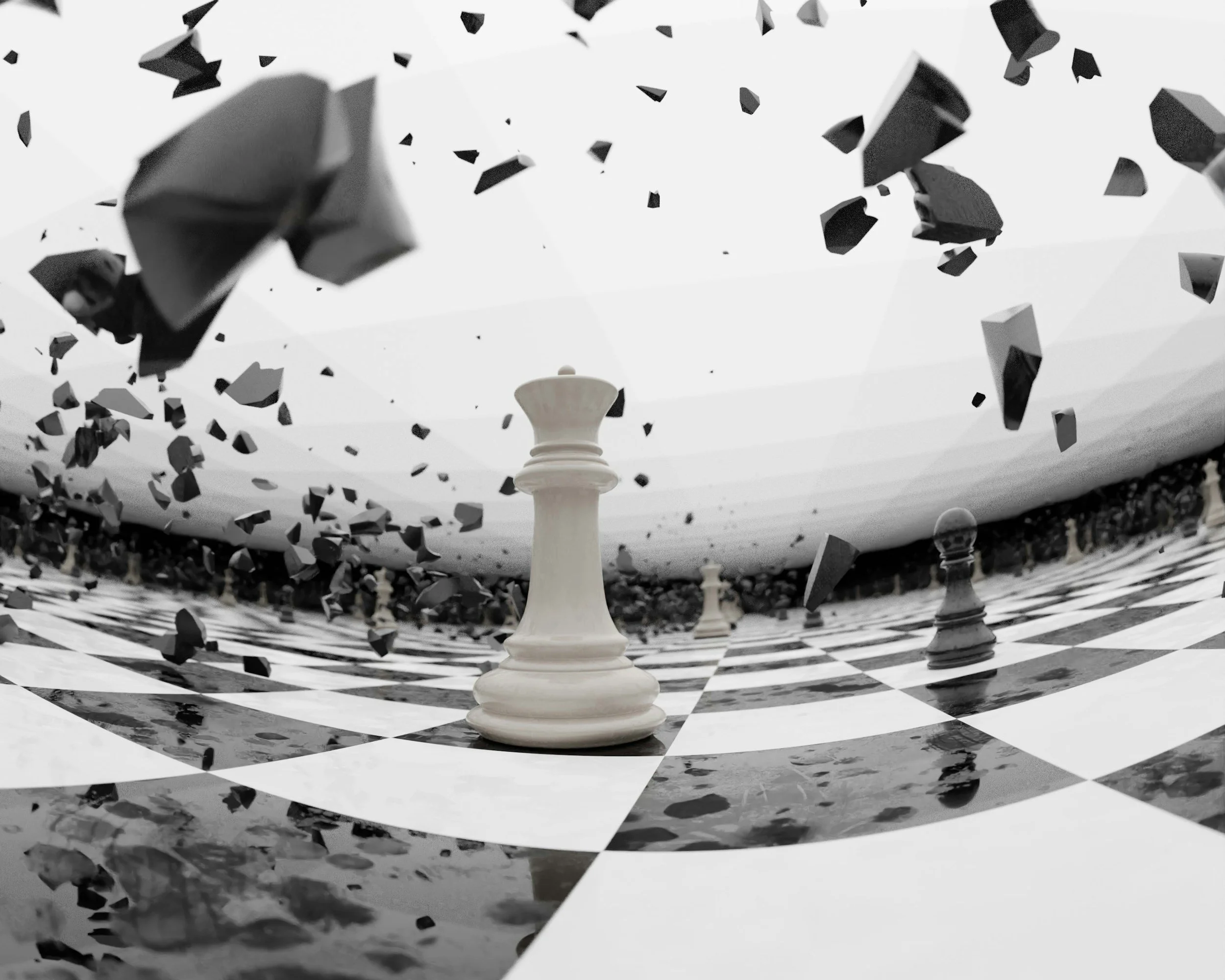 Coupure de scène avec un pion d'échecs blanc au centre d'un plateau d'échecs en perspective, avec des pièces de jeu et des débris de pierres volantes dans un décor abstrait noir et blanc.