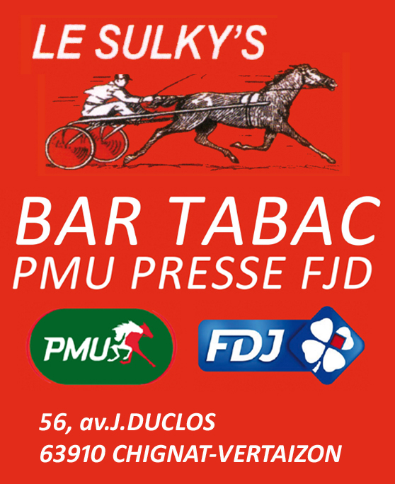 Carte de visite avec un fond rouge, un logo de course de chevaux et des logos de PMU et FDJ, texte en français indiquant un bar-tabac à Chignat-Vertaizon avec l'adresse.