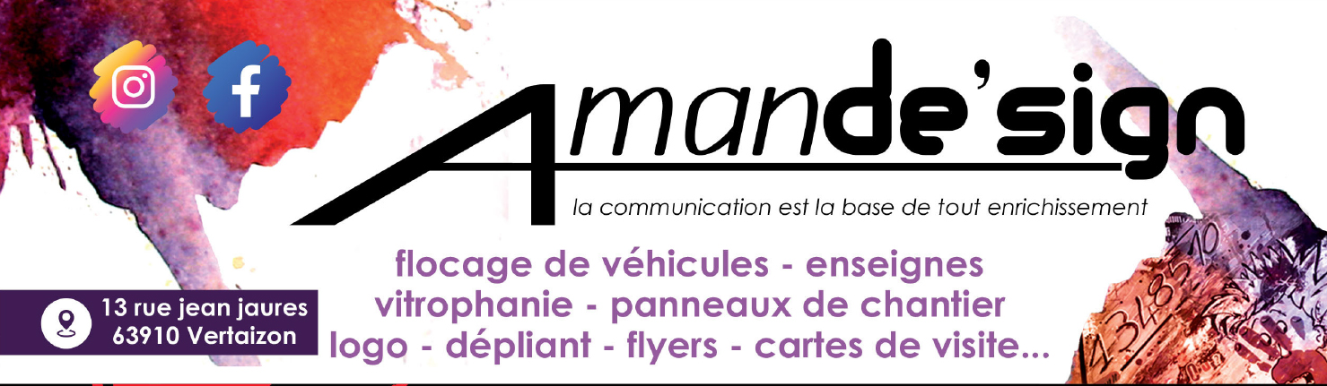 Une affiche publicitaire pour une entreprise de signalisation, affichant des œuvres de peinture aquarelle et un texte avec le nom de l'entreprise 'Amande'sign' et ses services, avec des icônes pour les réseaux sociaux Instagram et Facebook.