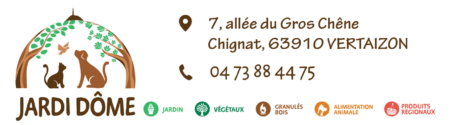 Carte de visite pour JARDI DÔME, comprenant un logo avec des arbres, un chat, un chien, un oiseau, et des icônes représentant le jardin, les végétaux, les granulés de bois, l'alimentation animale, et les produits régionaux, avec adresse et numéro de 