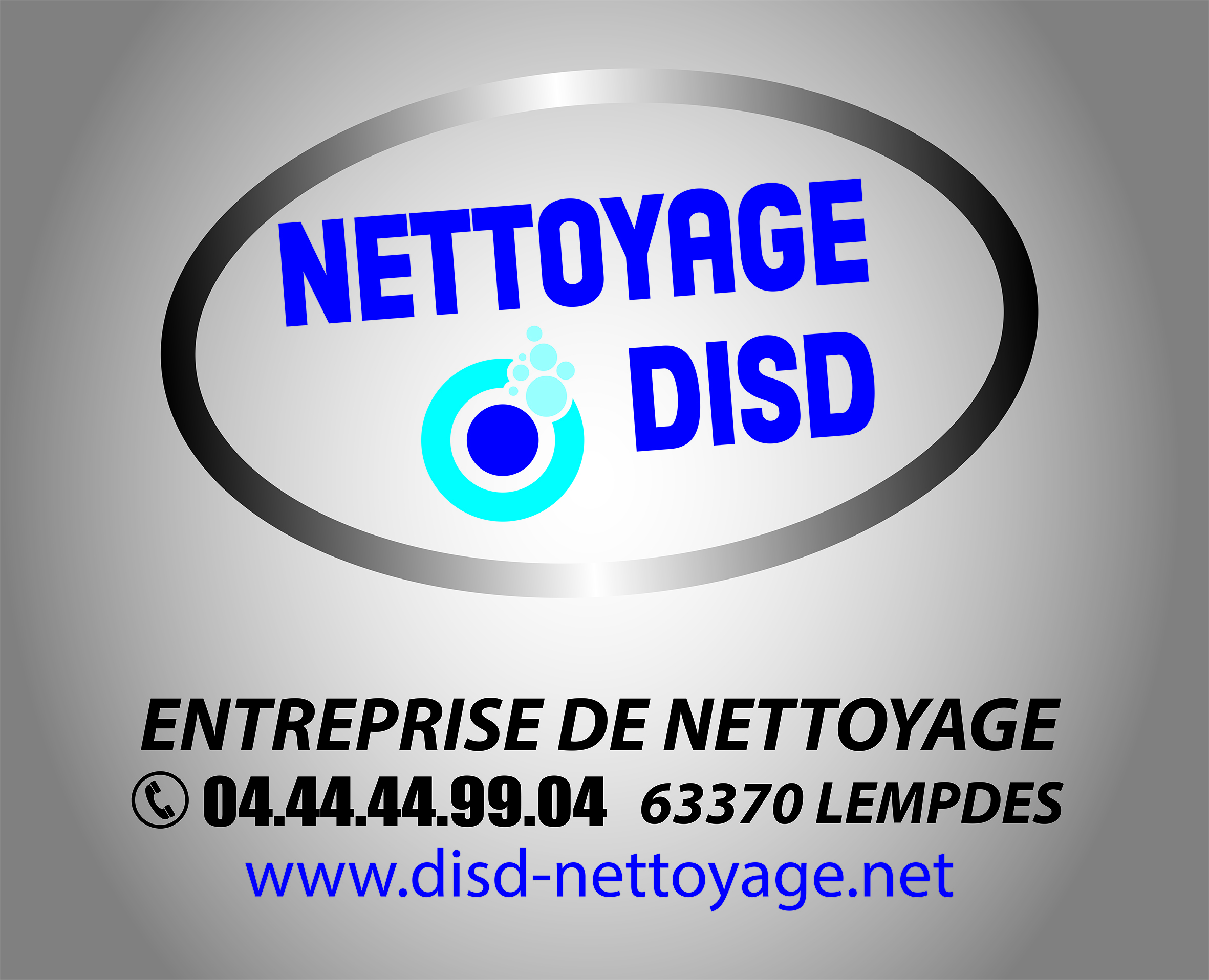 Carte de visite pour une entreprise de nettoyage, avec le logo DISD, ses coordonnées téléphoniques, son site web, et son adresse à Lempdes.