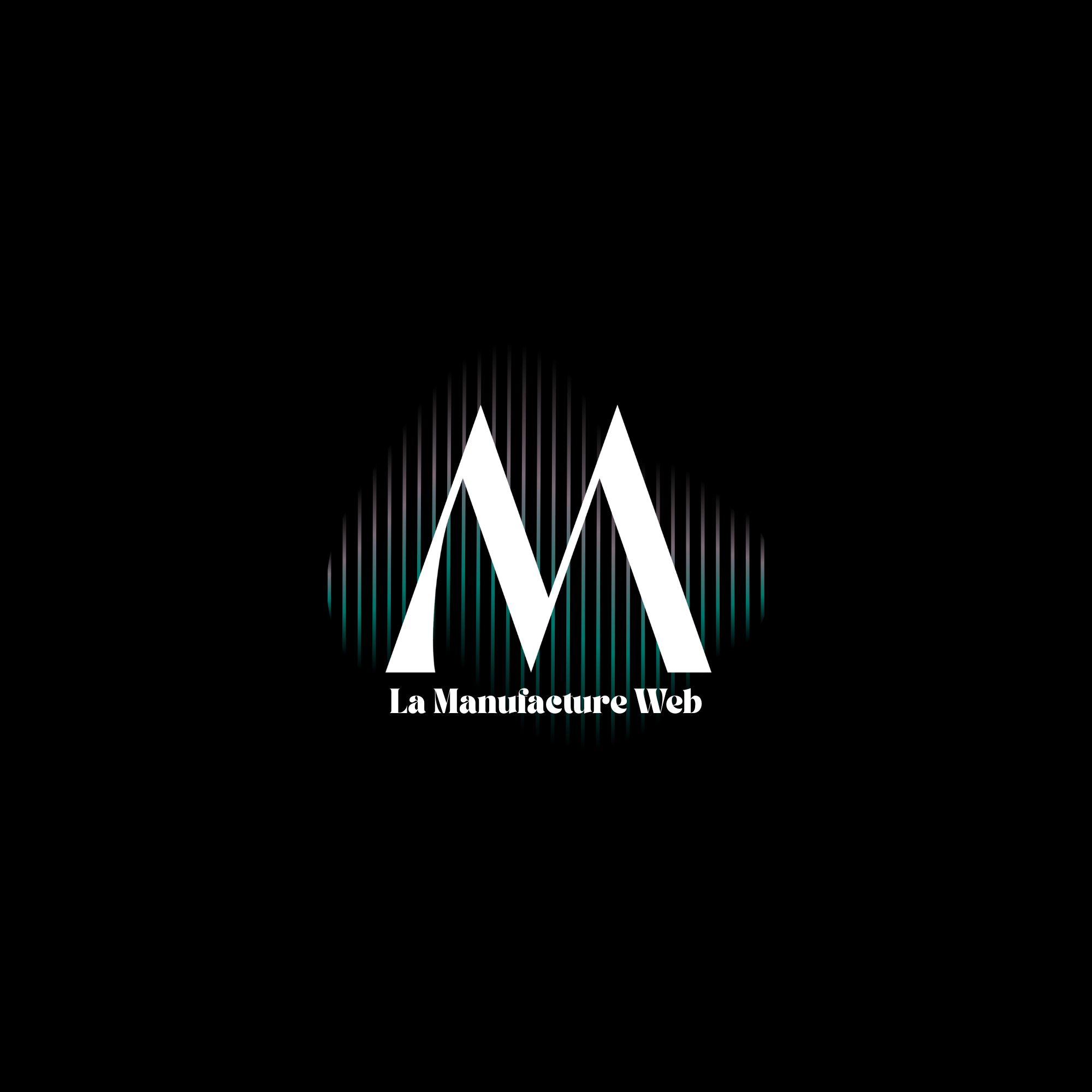 Logo avec un fond noir, une icône de forme diamond avec des lignes verticales et le texte 'La Manufacture Web' en dessous.