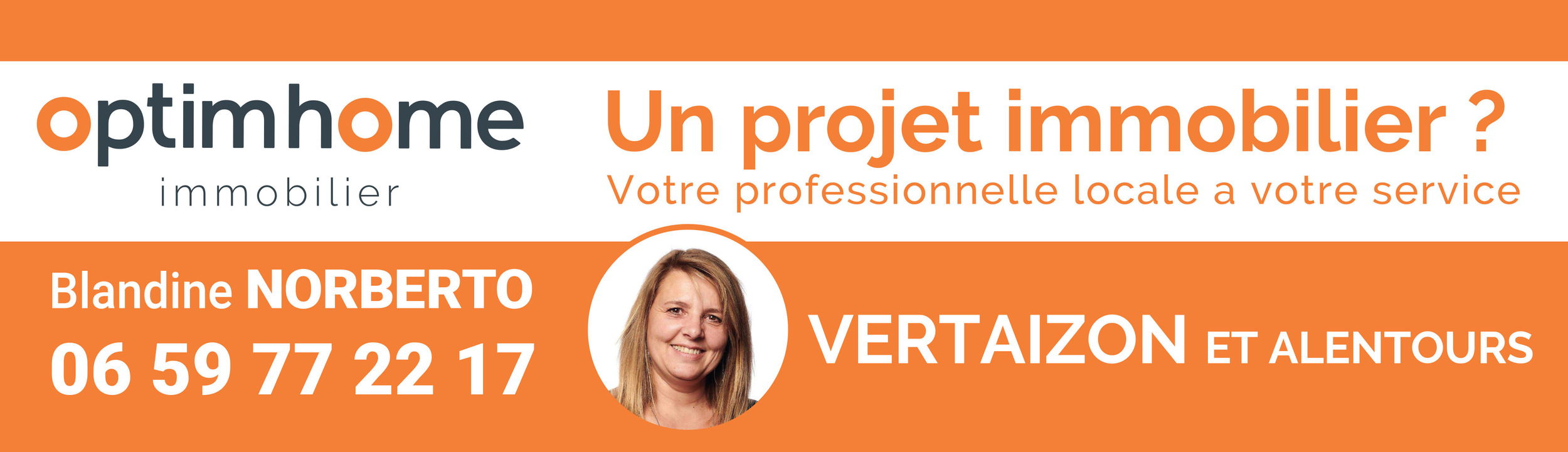 Carte de visite immobilière orange et blanche avec photo d'une femme, Blondine Norberto, contact téléphonique, logo Optimum immobilier, et texte promotionnel pour un projet immobilier.