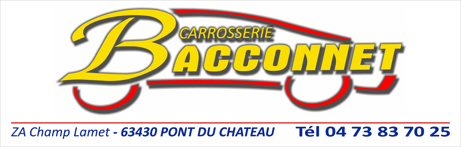 Logo de la carrosserie Baconnnet avec adresse et téléphone en dessous.