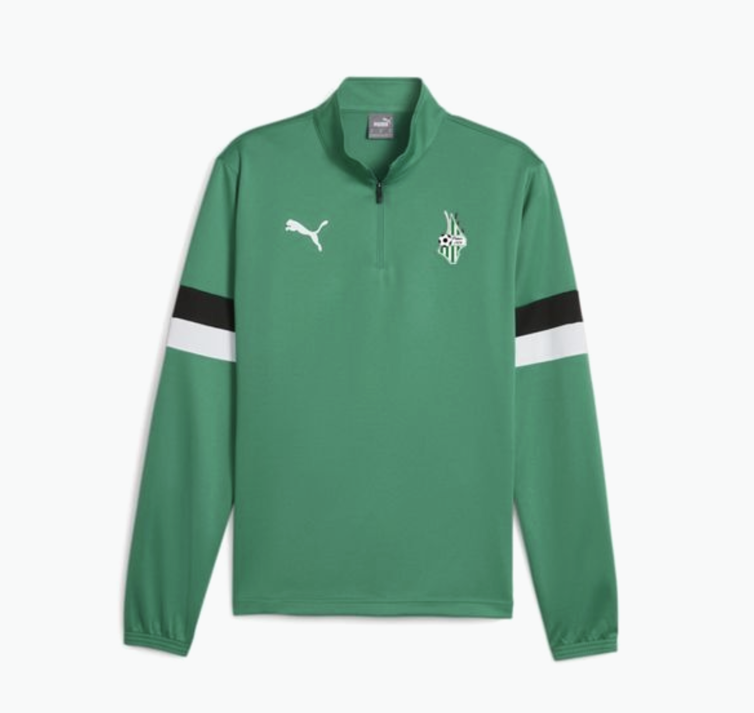 Veste de sport verte avec logo Puma sur la gauche et logo du club de football Sturm Graz sur la droite, avec des bandes noires et blanches sur les manches.
