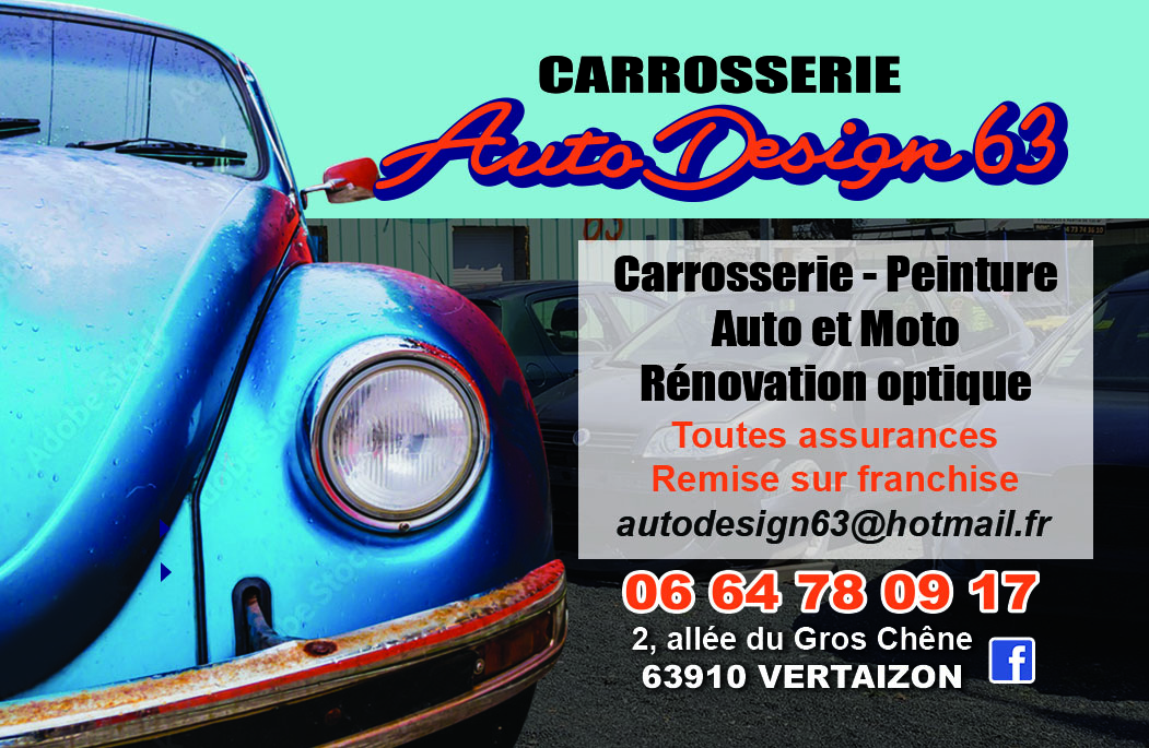 Une publicité pour un garage automobile nommé AutoDesign63 avec une image d'une vieille voiture bleue avec des signes de rouille, indiquant des services de carrosserie, peinture, réparation auto et moto, rénovation optique, assurances, et reprise sur