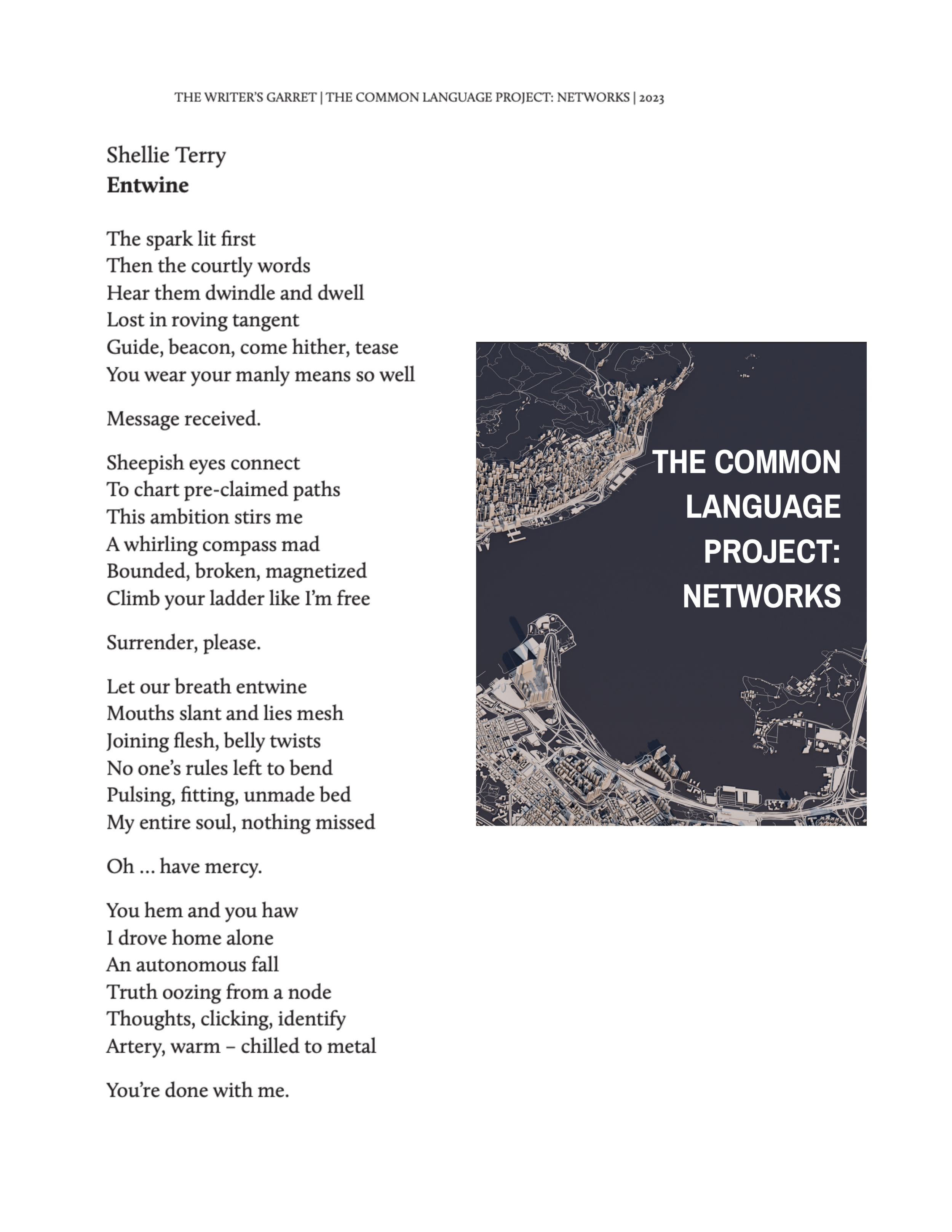Shellie Terry poem entwine from The Common Language Project: 2023 Networks by The Writer's Garret of Dallas, TX