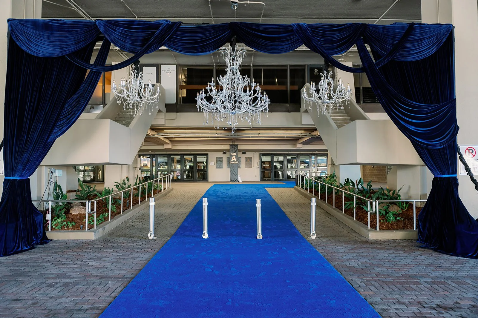 Entrance with blue carpet, large blue curtains, and chandeliers leading into a building, possibly for a special event or ceremony.