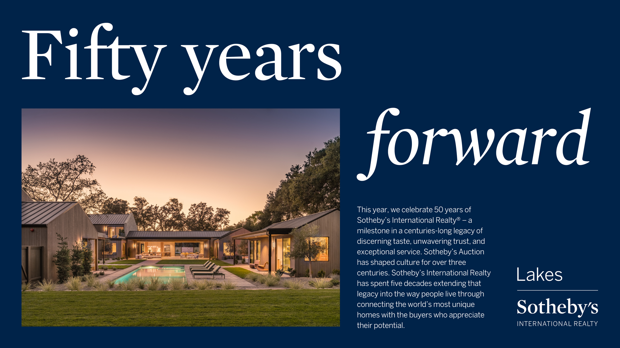 Sotheby's International Realty anniversary celebration poster with a large house and pool at sunset. Twin Cities Luxury Brokerage.