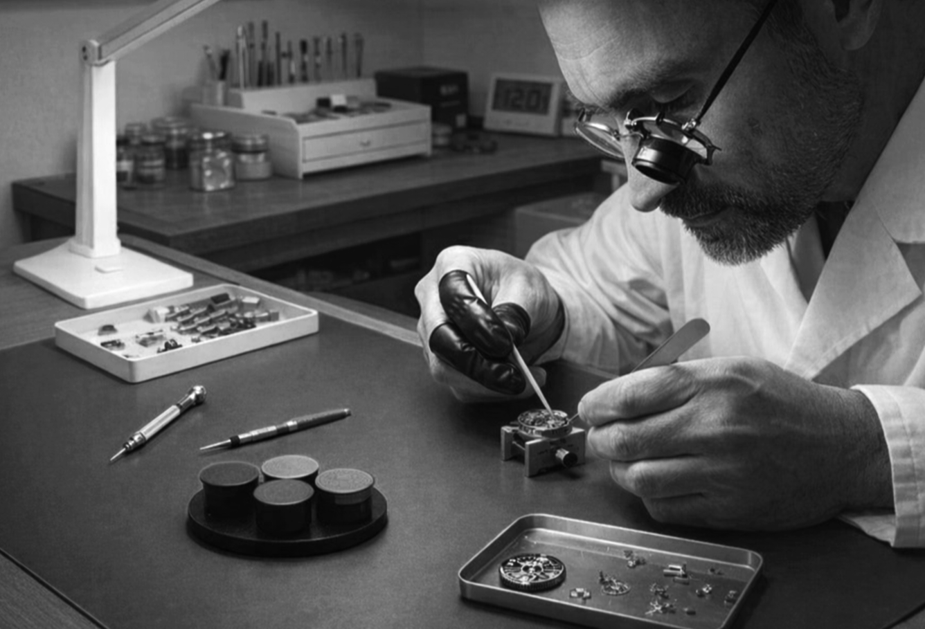 Horloger effectuant une réparation de montre dans un atelier.